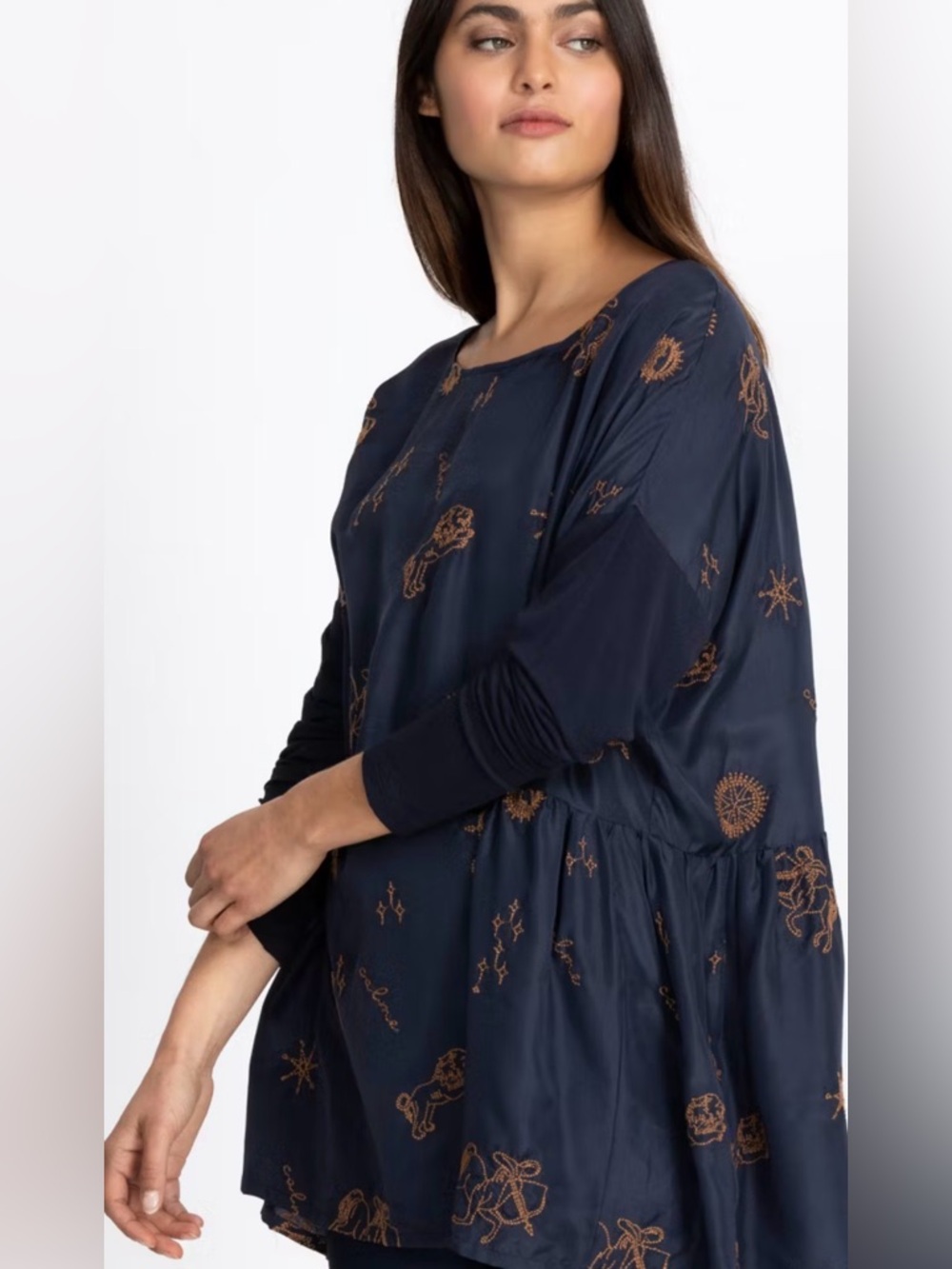 Johnny Was Calme Silk Astrology Embroidered Blouse Celestial Navy Size M
